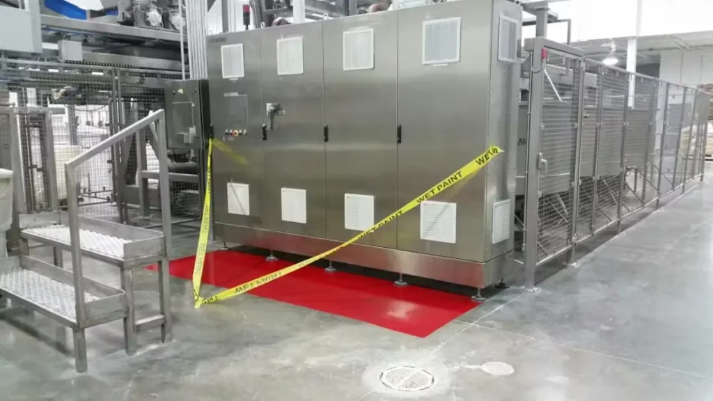 Food processing equipment with red epoxy floor coating beneath machinery, marked off with wet paint caution tape.