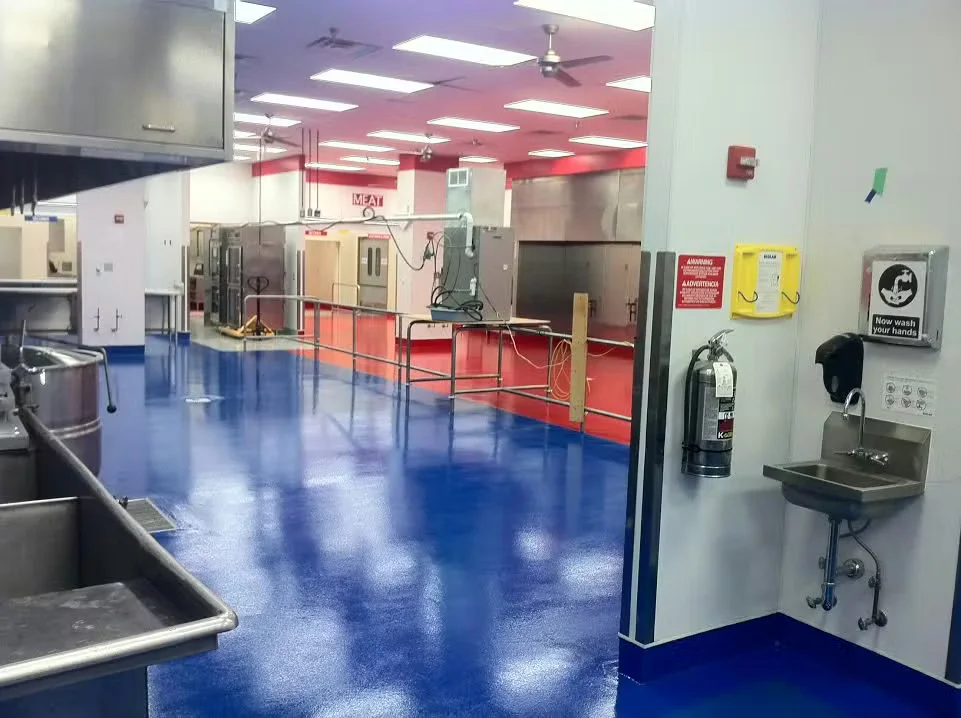 Food processing facility interior with blue and red epoxy floor coatings, stainless equipment, and handwashing station.