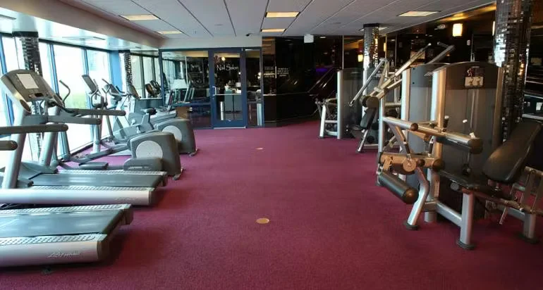 Modern fitness center with treadmills and strength-training equipment arranged on a maroon carpet, featuring large windows and a clean, well-lit interior.