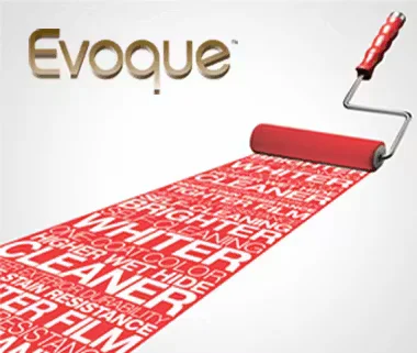 Evoque brand paint roller applying red paint with white text highlighting features like air cleaning, allergen reduction, and resistance benefits.