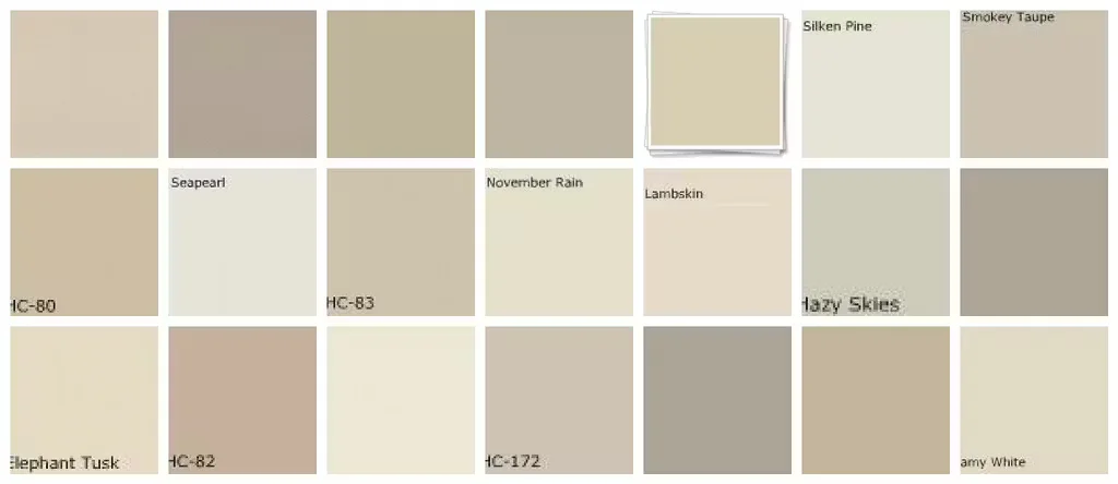 Grid of neutral paint color swatches in beige, tan, and gray tones with labels such as Seapearl, November Rain, Lambskin, and Hazy Skies.