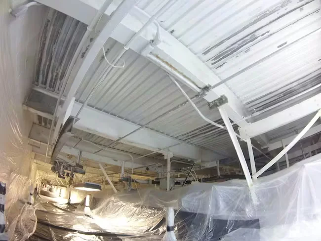 Large industrial ceiling being repainted, with exposed metal beams and decking coated white, equipment and production areas below protected with plastic sheeting.