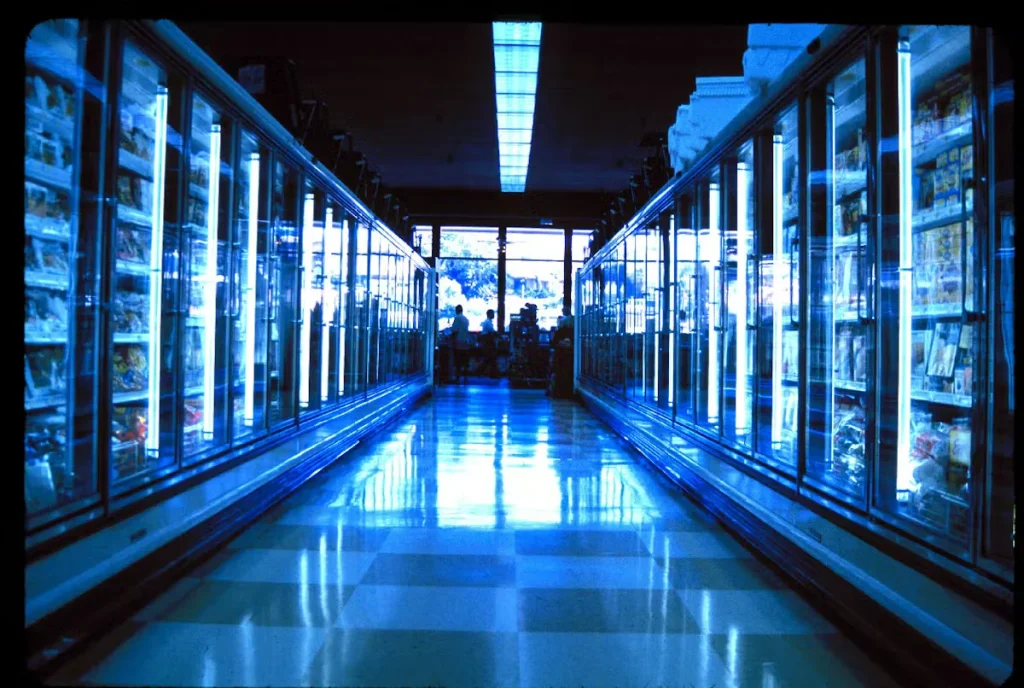 Grocery store frozen food aisle with glass-door freezers on both sides and a reflective, temperature-resistant floor under bright blue lighting.