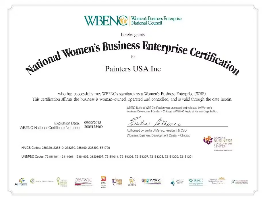 WBENC National Women’s Business Enterprise Certification awarded to Painters USA Inc, confirming woman-owned and operated business status.