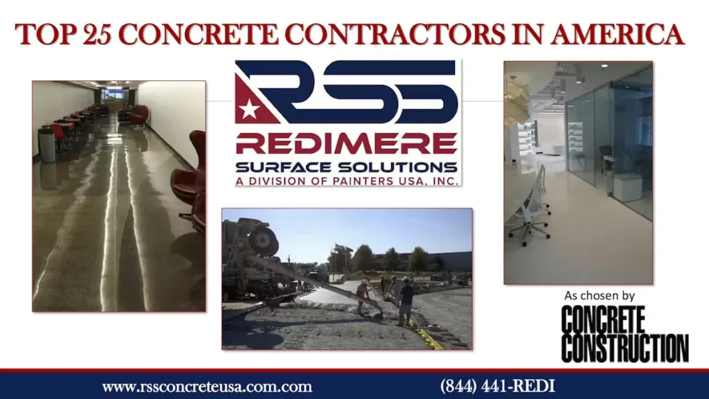 Graphic highlighting Redimere Surface Solutions as a Top 25 Concrete Contractor in America, featuring polished concrete floors and construction work.