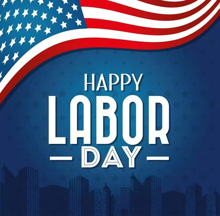 Happy Labor Day graphic featuring an American flag design with bold patriotic colors.