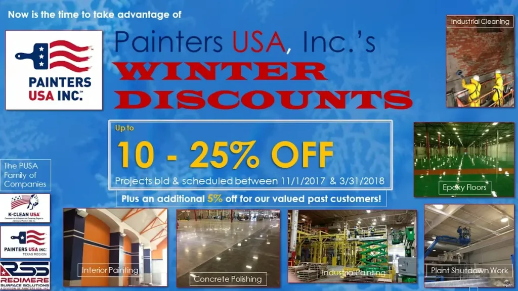 Promotional graphic for Painters USA, Inc. winter discounts advertising 10–25% off industrial painting, epoxy flooring, concrete polishing, interior painting, industrial cleaning, and plant shutdown work, with additional savings for past customers.