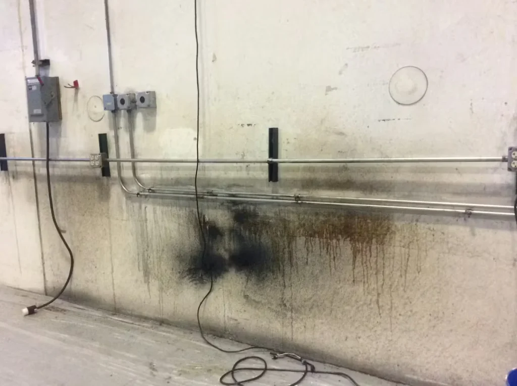 Interior industrial facility wall with visible corrosion, rust stains, and grime buildup around electrical conduit and equipment.