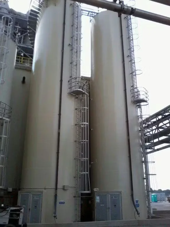 Tall industrial storage tanks with ladders and safety cages at a manufacturing facility, showing clean exterior surfaces and corrosion-controlled equipment.