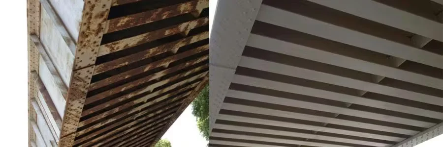Side-by-side comparison of a steel bridge underside before and after rust removal, showing corroded, rust-stained beams on the left and clean, freshly coated beams on the right.