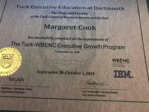 Tuck Executive Education at Dartmouth certificate awarded to Margaret Cook for completing the Tuck-WBENC Executive Growth Program, presented by IBM.