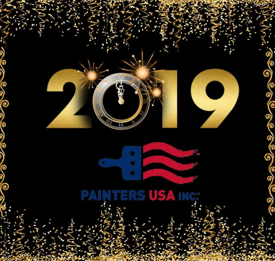 Black and gold “2019” New Year graphic with a clock at midnight and sparkler bursts, featuring the Painters USA Inc. logo centered below.