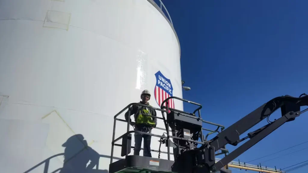 Worker in a safety harness stands on an elevated lift beside a large white storage tank with a Union Pacific logo under a clear blue sky.
