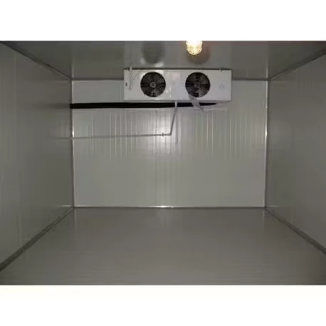 Interior de un cuarto frío vacío con paredes y techo blancos, un piso liso gris claro y una unidad de refrigeración con dos ventiladores montada en la parte superior de la pared del fondo.