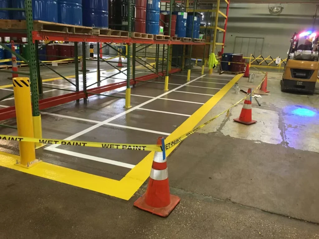 Warehouse aisle with freshly painted floor striping: a large yellow border and white grid lines marking bays beside pallet racking with stacked drums. Orange cones and “WET PAINT” caution tape block off the area, and a forklift with lights is parked at the far right.