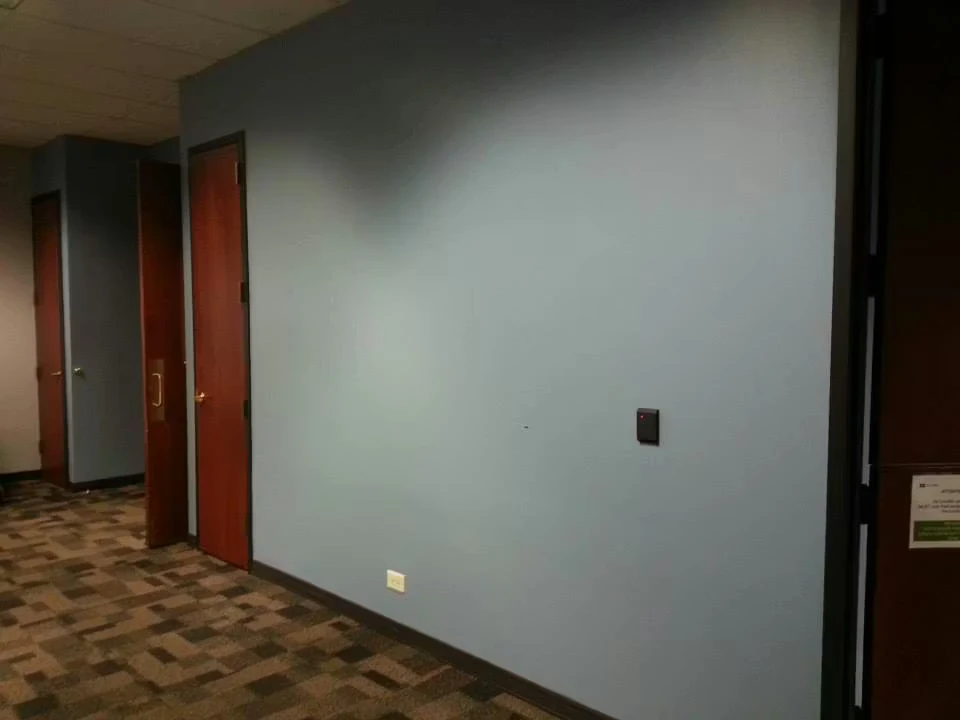 An empty office hallway with patterned carpet, blue-gray painted walls, several wooden doors along the left side, and a blank wall section with a small wall control and an outlet.
