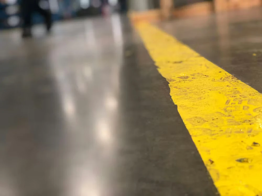 Close-up, low-angle view of a worn yellow safety line painted on a smooth gray industrial floor, with the background blurred to suggest a warehouse or factory setting.