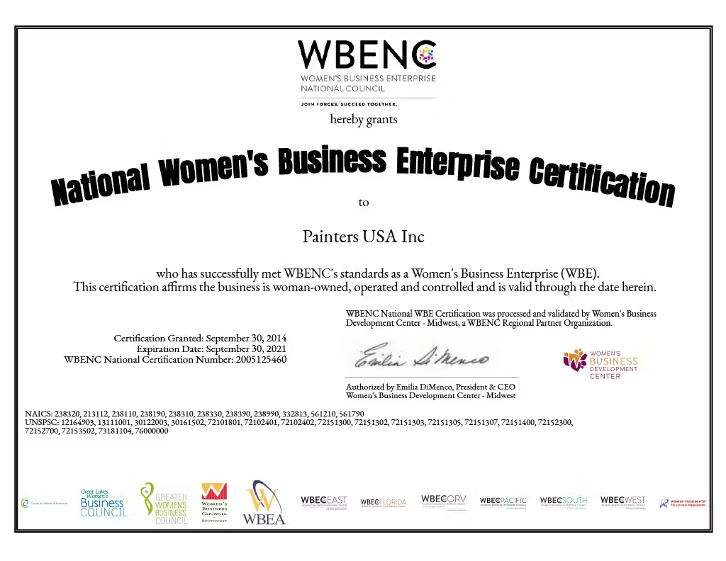 WBENC (Women’s Business Enterprise National Council) certificate awarding “National Women’s Business Enterprise Certification” to Painters USA Inc, showing certification granted September 30, 2014 and expiration date September 30, 2021, with an authorization signature and multiple regional council logos along the bottom.