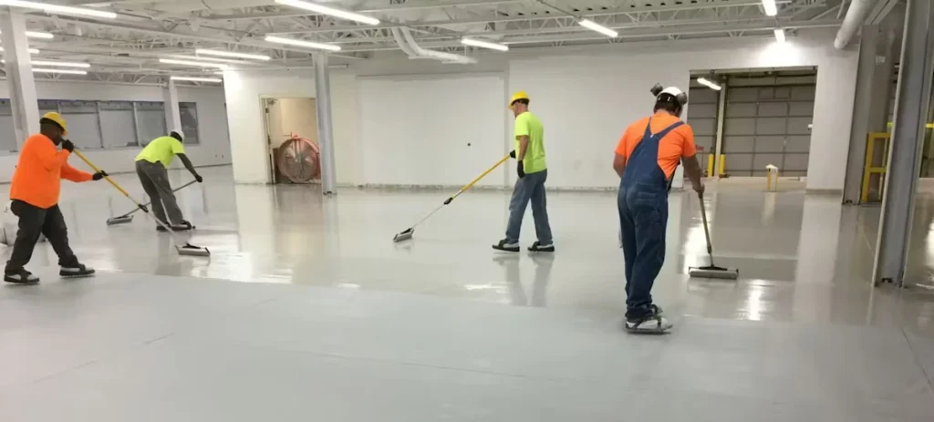 Four workers in hard hats and high-visibility shirts use long-handled squeegees to spread a glossy light-gray epoxy coating across a large, bright industrial room with white walls and overhead strip lighting.