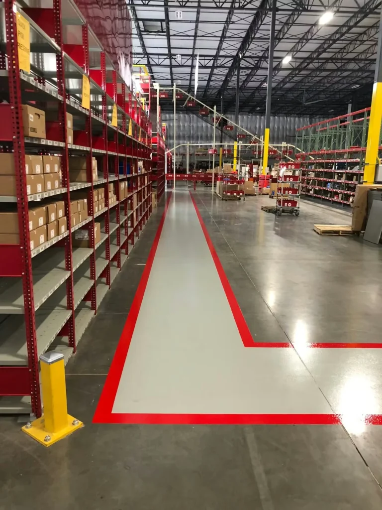 Inside a warehouse with tall red shelving and boxes, a long light-gray walkway is freshly painted on the concrete floor and outlined with bright red striping, guiding a path through the aisle toward work carts and equipment in the distance.