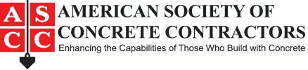 Logo for the American Society of Concrete Contractors (ASCC), featuring a red square with white “A S C C” letters stacked on the left and the organization name in black text on the right, with the tagline “Enhancing the Capabilities of Those Who Build with Concrete” beneath.
