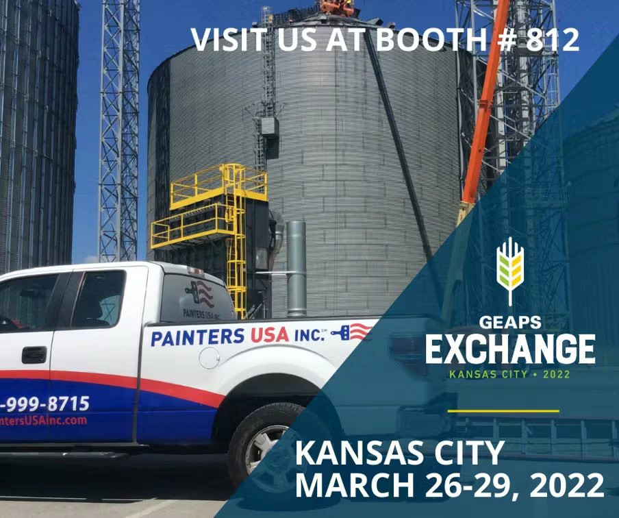 Promotional graphic for Painters USA at the GEAPS Exchange in Kansas City, showing a work truck parked in front of large grain silos; text reads “Visit us at booth #812” and “Kansas City March 26–29, 2022,” with the GEAPS Exchange logo on the right.
