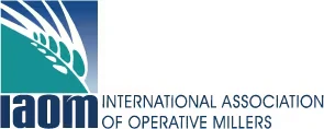 Horizontal logo for the International Association of Operative Millers (IAOM), featuring a stylized grain graphic in a blue-green square and the organization name in blue text.