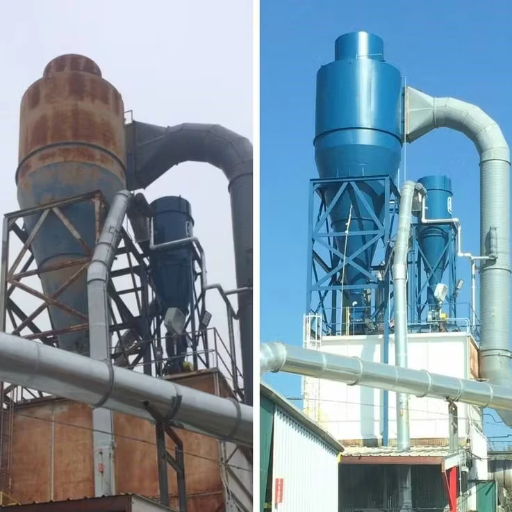Side-by-side comparison of an industrial dust-collection system before and after repainting—left shows a rusted brown cyclone and ductwork, right shows the same equipment repainted bright blue with cleaner-looking pipes against a clear sky.