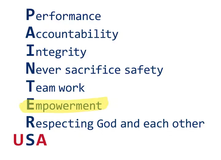 Close-up of a “PAINT” acronym list of company values; “Empowerment” is highlighted in yellow, and “USA” appears in red at the bottom.