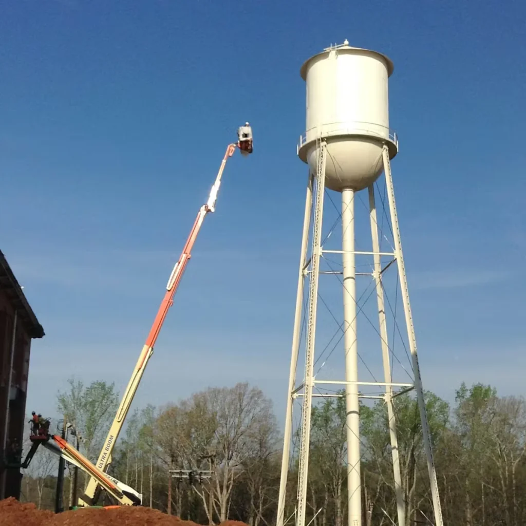 A worker in a bucket lift is raised high beside a tall white water tower with metal support legs, set against a clear blue sky with trees in the background.
