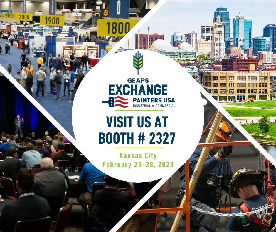Promotional graphic for the GEAPS Exchange featuring diagonal photo panels of an expo floor, a conference audience, the Kansas City skyline, and industrial workers; center circle reads “GEAPS Exchange – Painters USA – Visit us at Booth #2327 – Kansas City – February 25–28, 2023.”