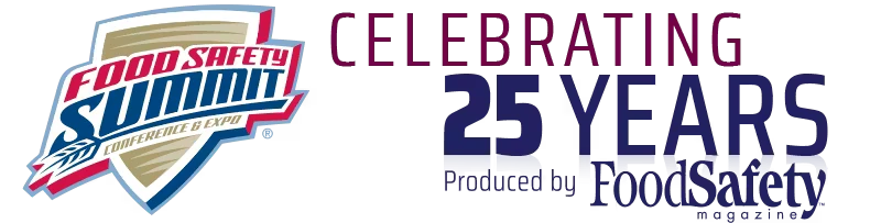 Wide banner graphic with the “Food Safety Summit” shield logo on the left and the text “CELEBRATING 25 YEARS” on the right, along with “Produced by Food Safety magazine.”