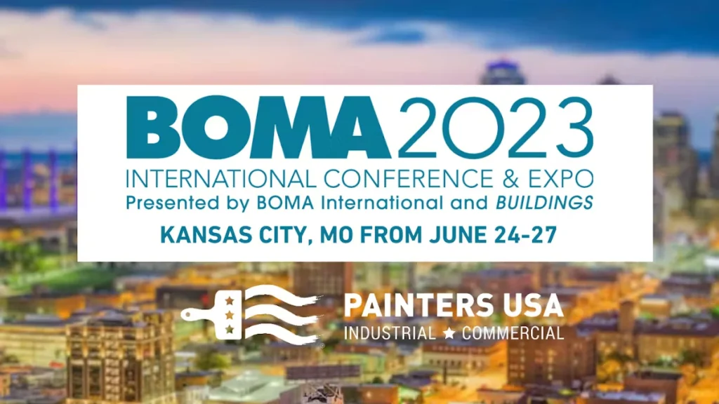 Promotional banner reading “BOMA 2023 International Conference & Expo,” “Kansas City, MO from June 24–27,” with the Painters USA Industrial + Commercial logo over a blurred city skyline background.