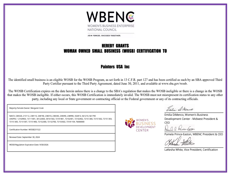 Certificate-style graphic with the WBENC (Women’s Business Enterprise National Council) logo centered at the top and a purple border; near the lower center is a “Women’s Business Center” logo, with three small signature blocks aligned vertically on the right.