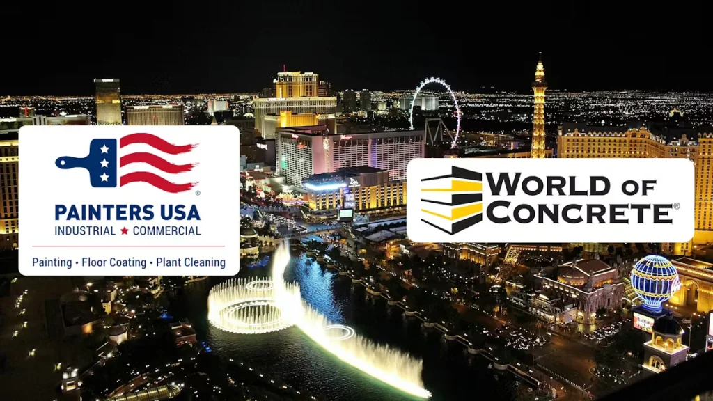 Nighttime aerial view of the Las Vegas Strip with illuminated hotels, the High Roller Ferris wheel, and the Bellagio fountains; overlaid logos for “Painters USA Industrial Commercial” (with “Painting • Floor Coating • Plant Cleaning”) and “World of Concrete.”