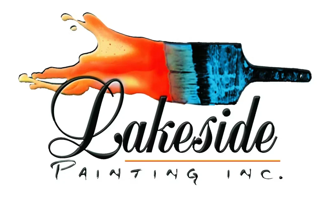 Lakeside Painting Inc. logo featuring a wide paintbrush with blue paint on the bristles and an orange paint splash behind it, above the scripted word “Lakeside” and the text “PAINTING INC.” underneath.