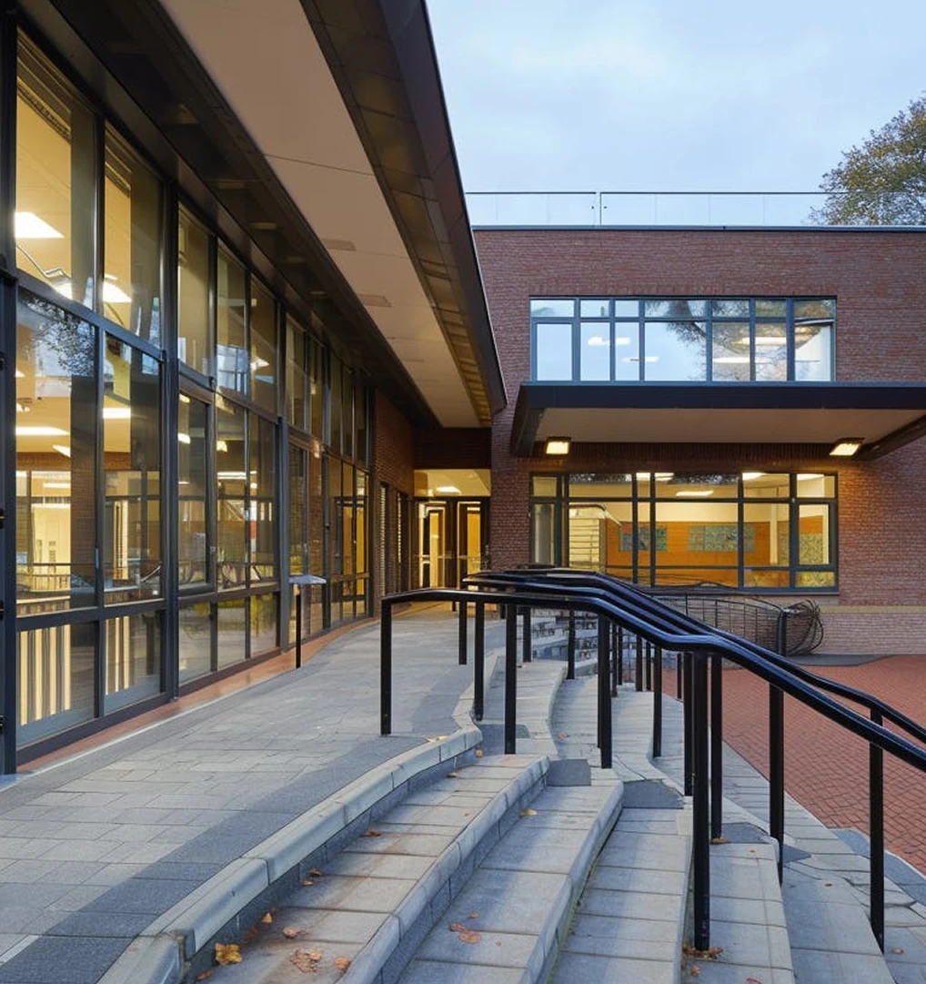 Exterior view of a modern brick building with large glass windows, a ramp, and steps with black railings leading to the entrance.