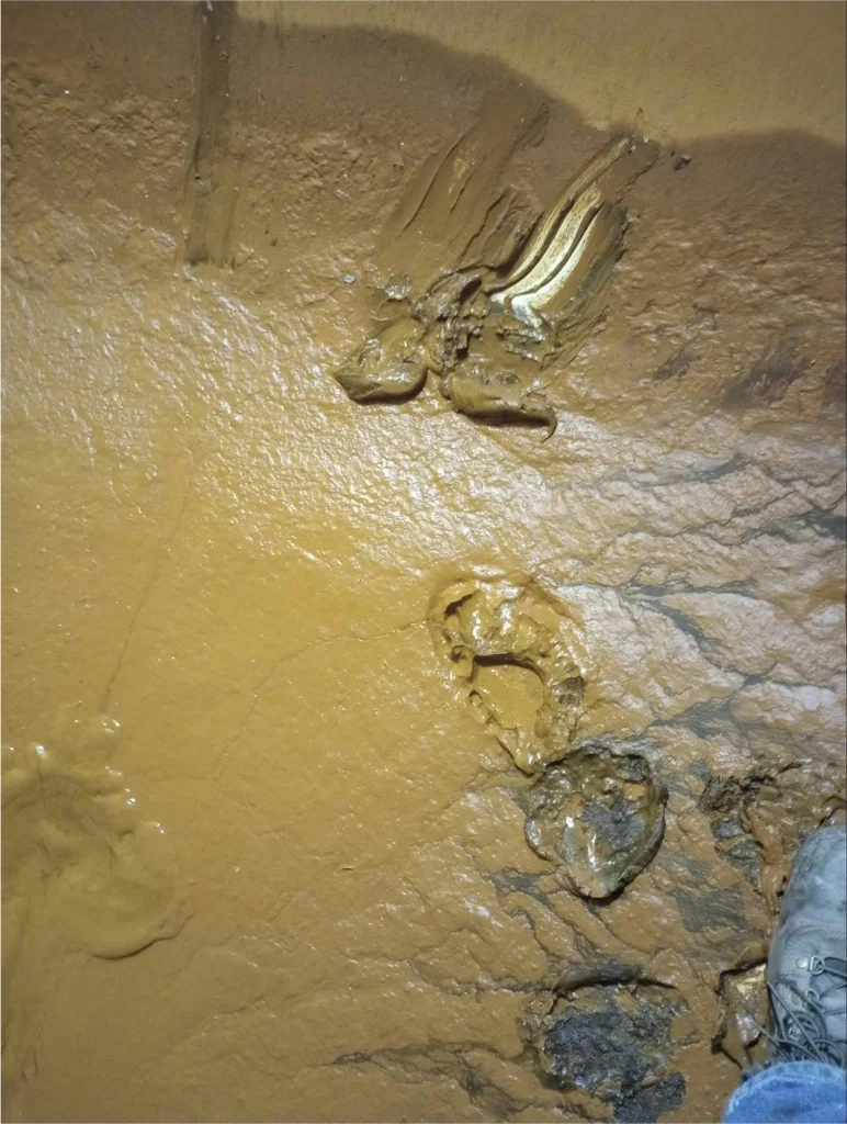 Close-up of thick brown residue and boot prints on the interior floor of a tank prior to cleaning.