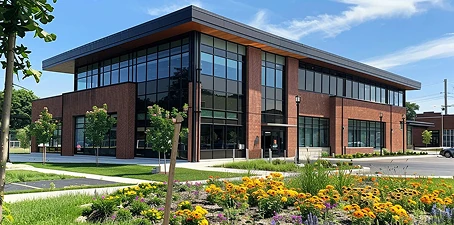 Financial institution painting—modern brick bank building with clean painted exterior and landscaped surroundings.