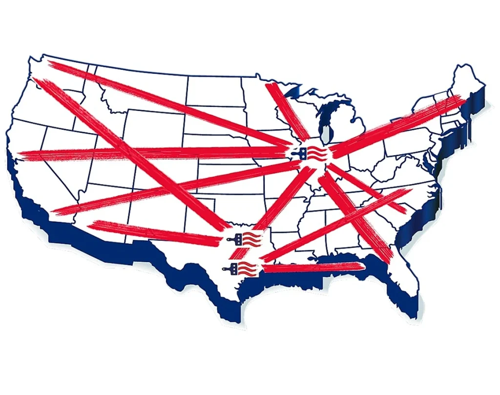 Map of the united states showing how Painters USA covers the continental United States