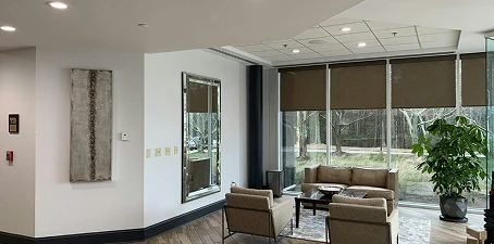 Office painting—modern office interior with painted walls, seating area, and large windows.