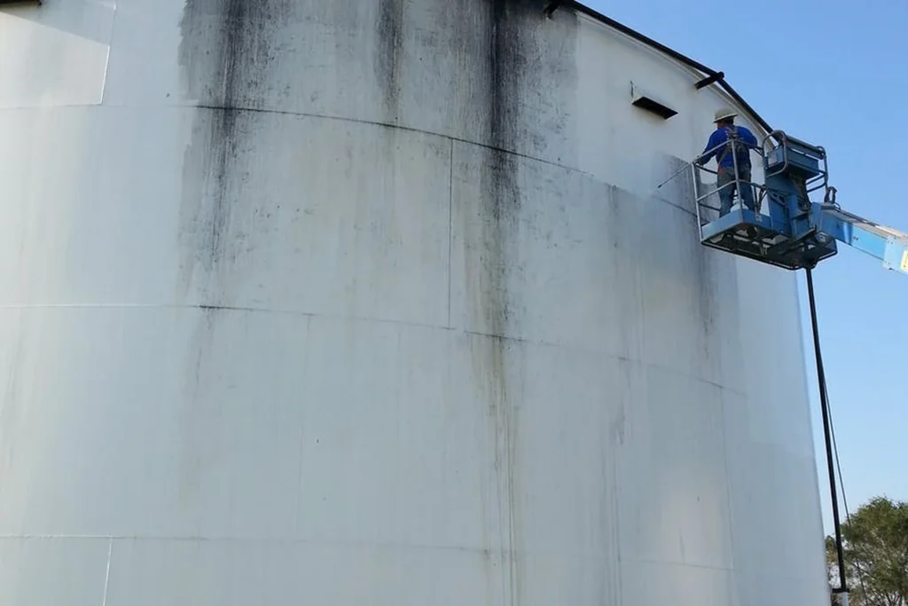 Technician on a boom lift pressure-washing a tall white storage tank, removing dark vertical streaks from the exterior.