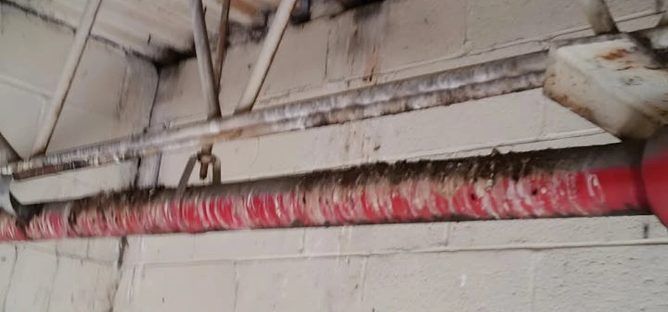 Close-up of overhead piping in an industrial space—especially a red line—coated with heavy dirt and residue against a cinderblock wall.