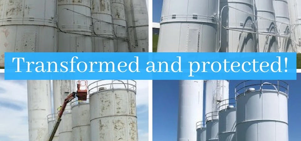 Before-and-after collage of industrial silos, with peeling, weathered tanks on the left and freshly painted, protected tanks on the right, captioned “Transformed and protected!”