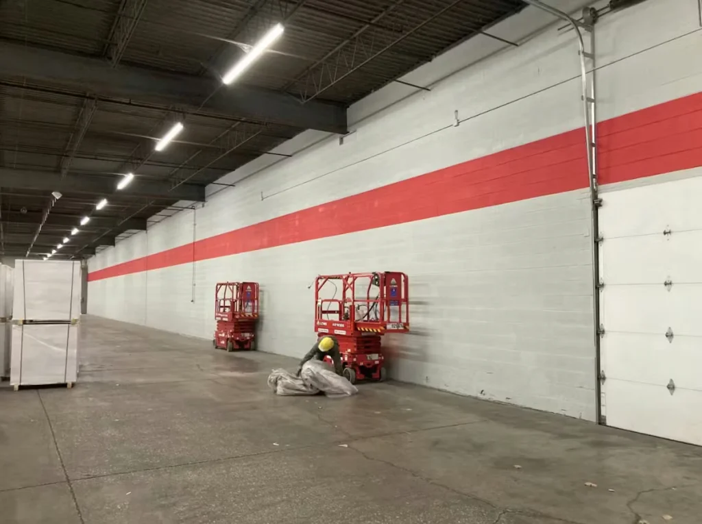 Long warehouse interior with a high dark ceiling and bright overhead strip lights; a white wall with a wide red horizontal stripe runs along the right, with two red scissor lifts parked beside it and a worker in a hard hat crouched near plastic sheeting on the floor.