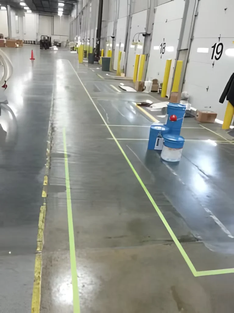 Inside a large warehouse, taped green lines outline a wide lane on a shiny concrete floor beside a row of white loading dock doors labeled “18” and “19,” with yellow bollards, scattered boxes, a forklift in the distance, and two blue paint buckets in the foreground.