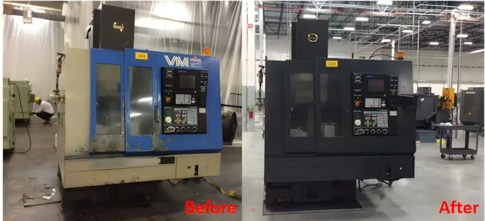 Side-by-side “Before” and “After” comparison of an industrial CNC machine in a factory; the left image shows a worn blue machine labeled “Before,” and the right shows the same machine repainted black and cleaner, labeled “After.”