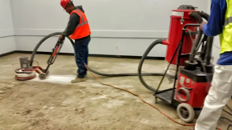 Two workers in safety vests operate floor-prep equipment in a large room, with one using a concrete grinder connected by hoses to a red vacuum system.