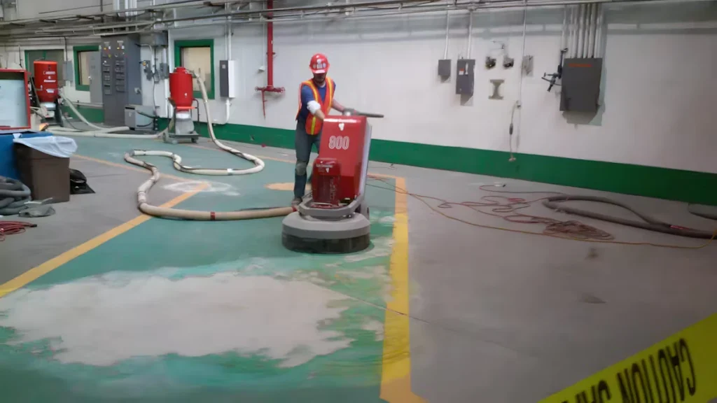 Worker in a hard hat and safety vest operates a red floor grinder in an industrial facility, removing coating from a green-painted walkway bordered by yellow lines; hoses and cables trail across the floor, with a “Caution” tape visible in the foreground.