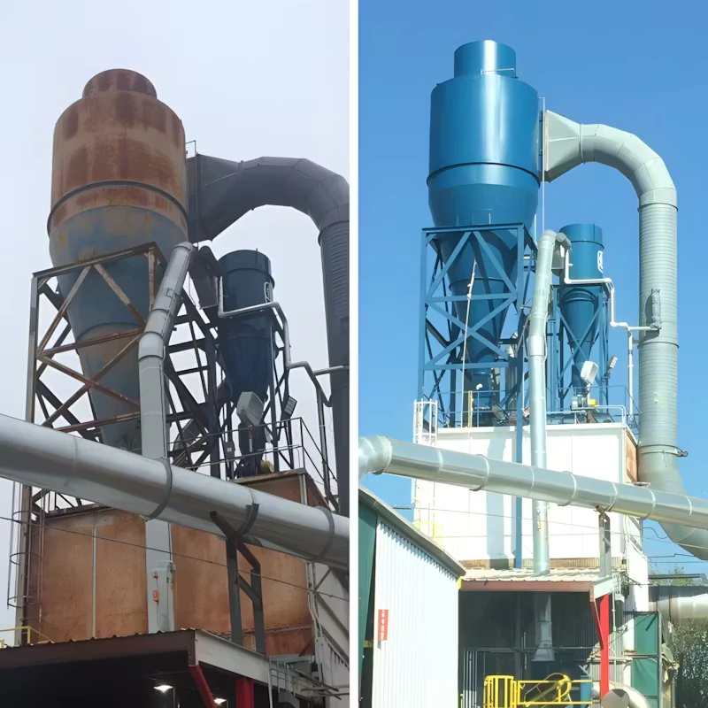 Side-by-side comparison of an industrial dust-collection tower and ductwork: left image shows a rusted, weathered unit on a steel frame; right image shows the same structure cleaned and repainted bright blue with light gray ducting against a clear sky.